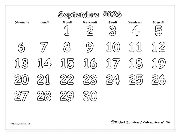 Calendrier septembre 2026 à imprimer - Coloriage utile - Semaine du dimanche au samedi