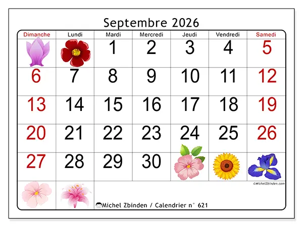Calendrier septembre 2026 à imprimer - Grandes fleurs - Semaine du dimanche au samedi