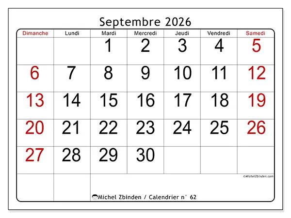 Calendrier septembre 2026 à imprimer - Lecture rapide - Semaine du dimanche au samedi