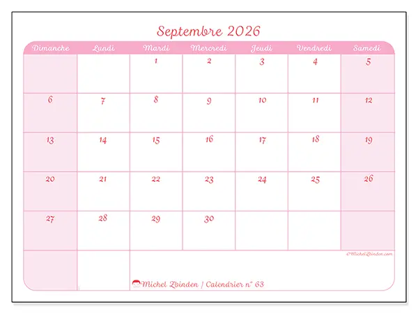 Calendrier septembre 2026 à imprimer - Organisation en douceur - Semaine du dimanche au samedi