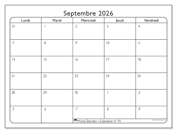 Calendrier septembre 2026 à imprimer - Organisation du travail