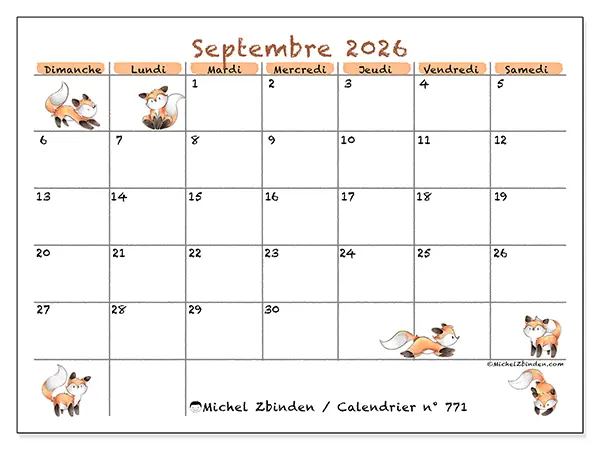 Calendrier septembre 2026 à imprimer - Dessins de renards - Semaine du dimanche au samedi