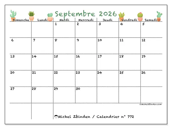 Calendrier septembre 2026 à imprimer - Cactus décoratifs - Semaine du dimanche au samedi