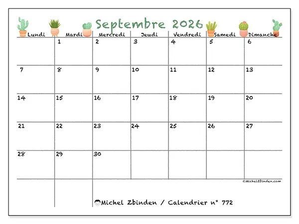 Calendrier septembre 2026 à imprimer - Cactus décoratifs