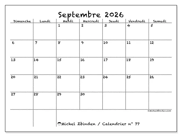 Calendrier septembre 2026 à imprimer - École et famille - Semaine du dimanche au samedi
