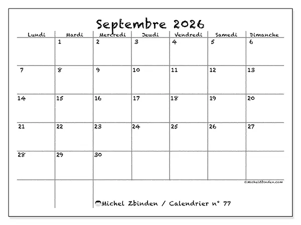 Calendrier septembre 2026 à imprimer - École et famille