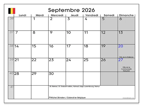Calendrier septembre 2026 à imprimer - Belgique