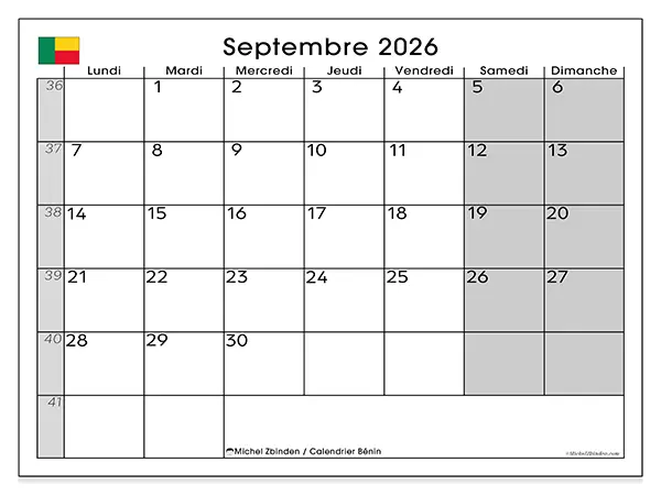 Calendrier septembre 2026 à imprimer - Bénin