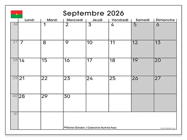 Calendrier septembre 2026 à imprimer - Burkina Faso