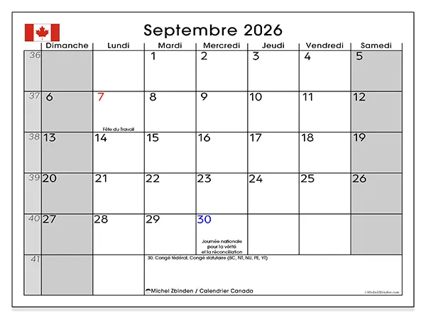 Calendrier septembre 2026 à imprimer - Canada