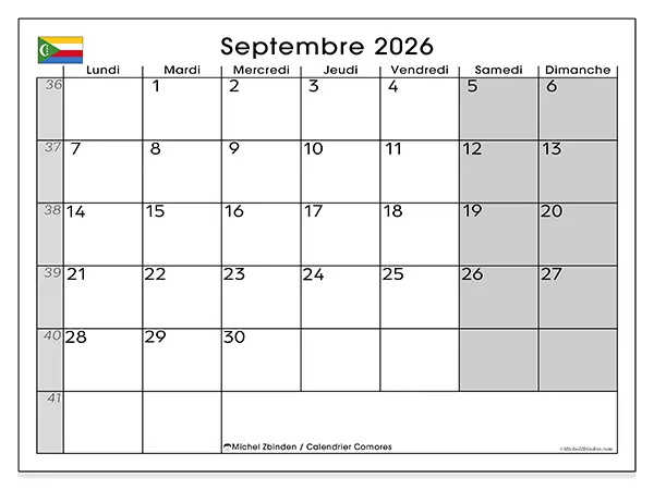 Calendrier septembre 2026 à imprimer - Comores