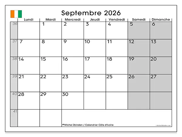 Calendrier septembre 2026 à imprimer - Côte d’Ivoire