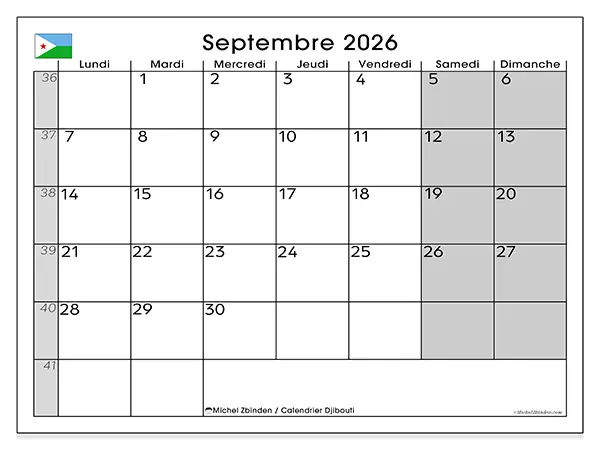 Calendrier septembre 2026 à imprimer - Djibouti