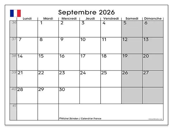 Calendrier septembre 2026 à imprimer - France