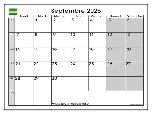 Calendrier septembre 2026 à imprimer - Gabon
