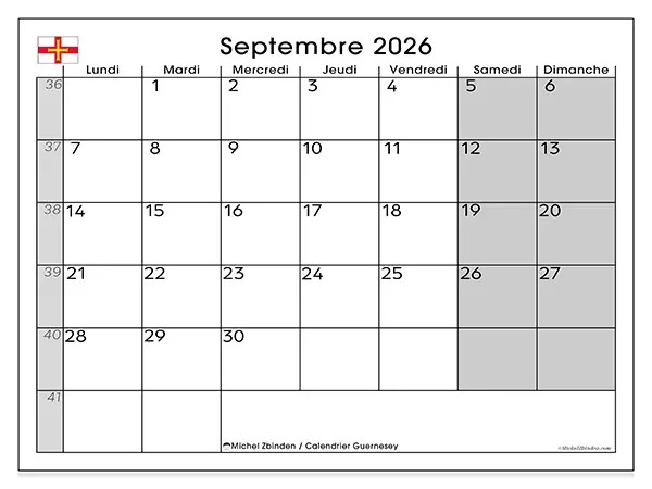 Calendrier septembre 2026 à imprimer - Guernesey