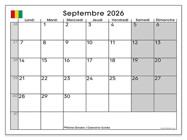 Calendrier septembre 2026 à imprimer - Guinée