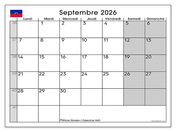 Calendrier septembre 2026 à imprimer - Haïti