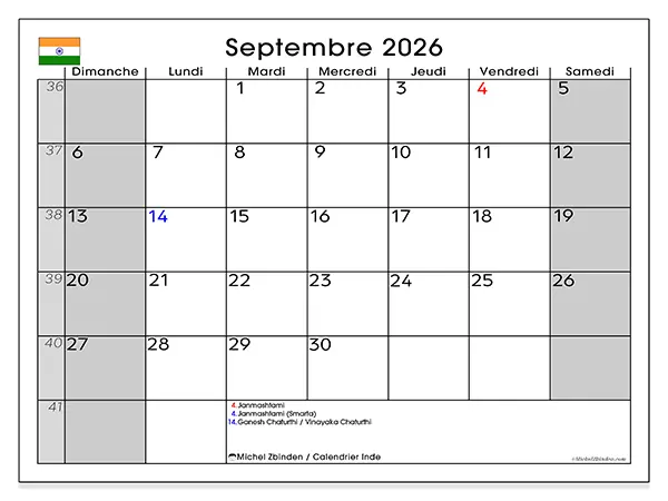 Calendrier septembre 2026 à imprimer - Inde