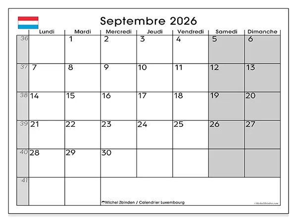 Calendrier septembre 2026 à imprimer - Luxembourg