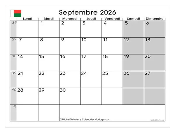 Calendrier septembre 2026 à imprimer - Madagascar