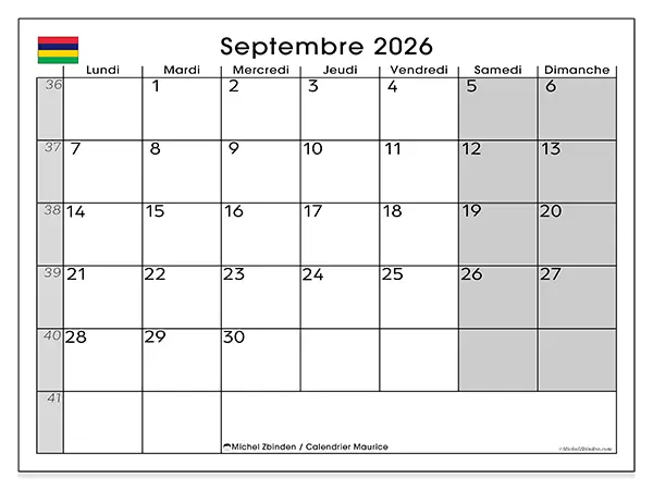 Calendrier septembre 2026 à imprimer - Maurice