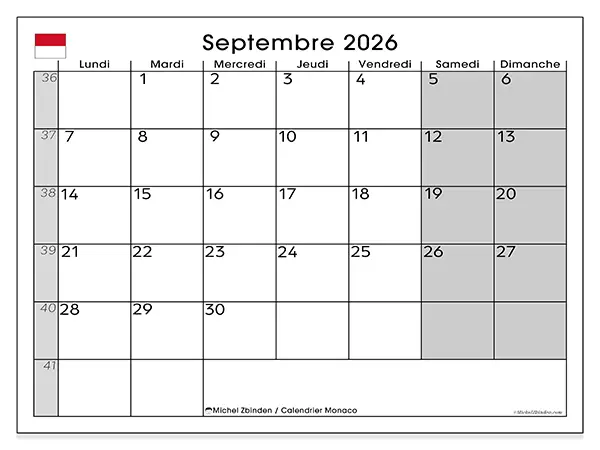 Calendrier septembre 2026 à imprimer - Monaco