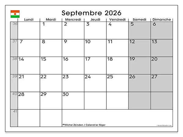 Calendrier septembre 2026 à imprimer - Niger