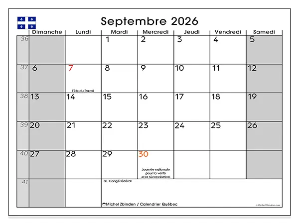 Calendrier septembre 2026 à imprimer - Québec