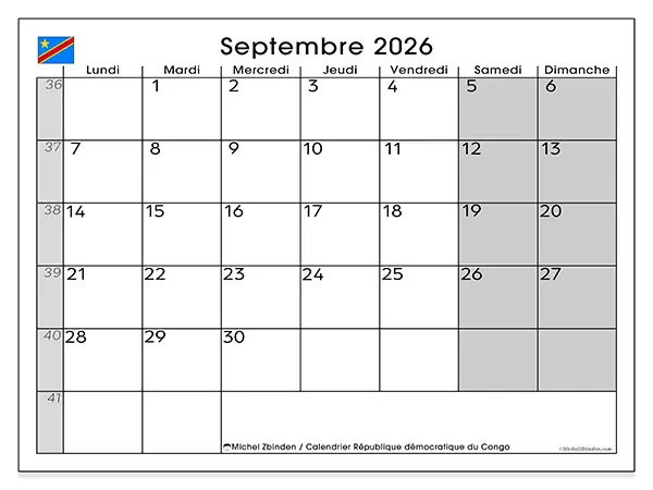 Calendrier septembre 2026 à imprimer - République démocratique du Congo
