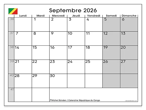 Calendrier septembre 2026 à imprimer - République du Congo