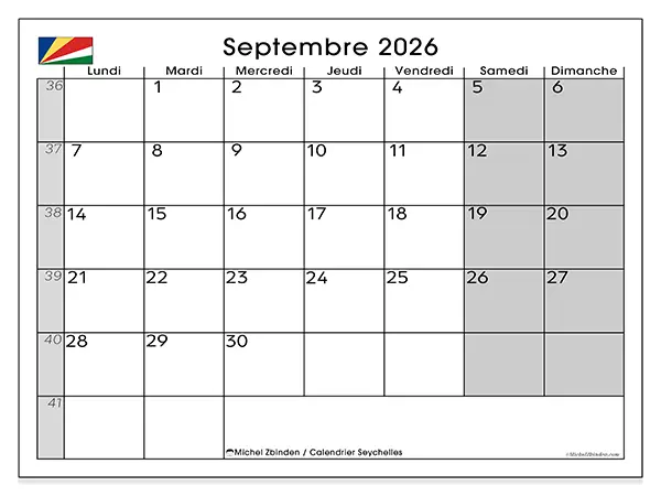 Calendrier septembre 2026 à imprimer - Seychelles