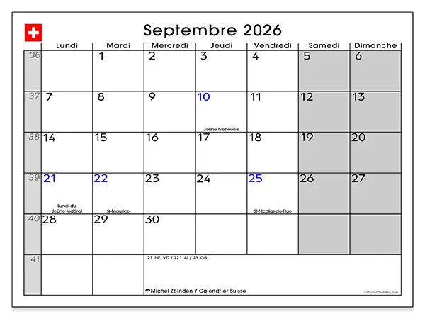 Calendrier septembre 2026 à imprimer - Suisse