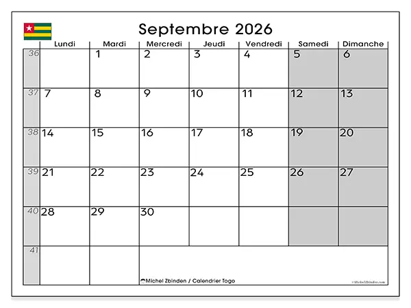 Calendrier septembre 2026 à imprimer - Togo