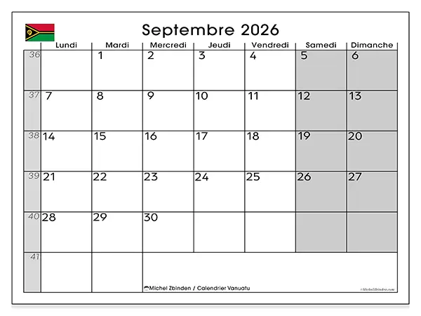 Calendrier septembre 2026 à imprimer - Vanuatu
