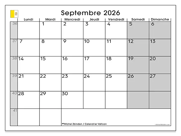 Calendrier septembre 2026 à imprimer - Vatican