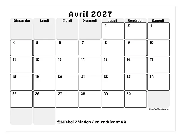 Calendrier avril 2027 à imprimer - Planning structuré - Semaine du dimanche au samedi