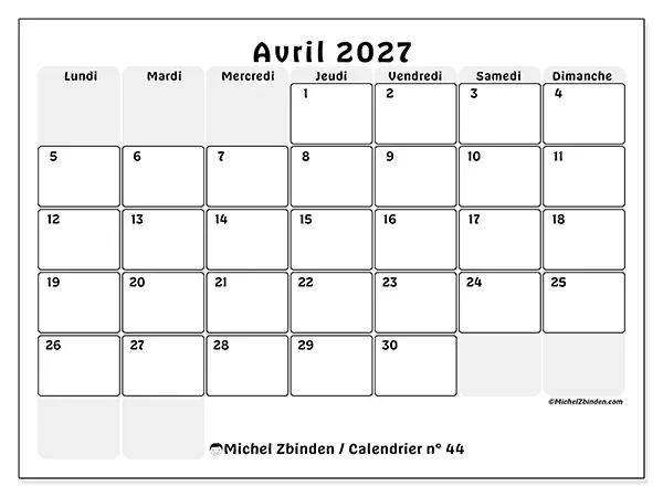 Calendrier avril 2027 à imprimer - Planning structuré