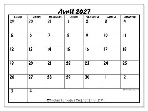 Calendrier avril 2027 à imprimer - Organisation détaillée