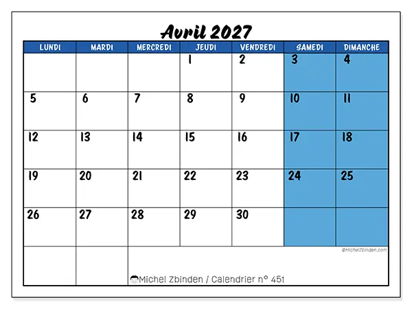 Calendrier avril 2027 à imprimer - Organisation dynamique