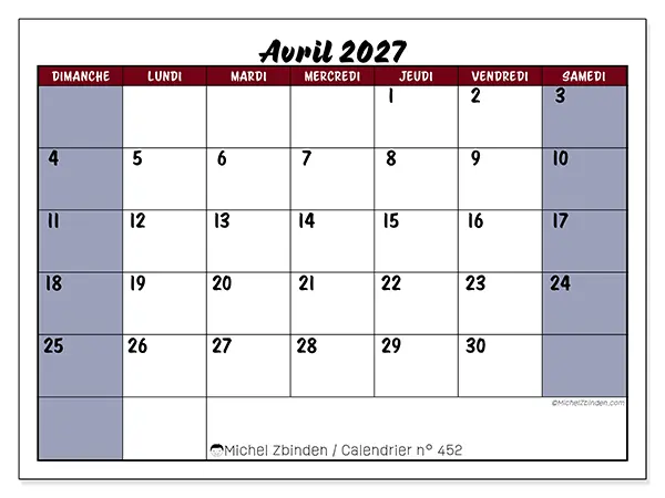 Calendrier avril 2027 à imprimer - Productivité en couleur - Semaine du dimanche au samedi