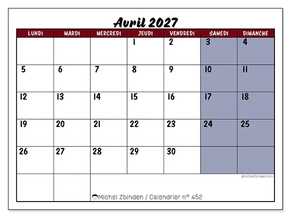 Calendrier avril 2027 à imprimer - Productivité en couleur