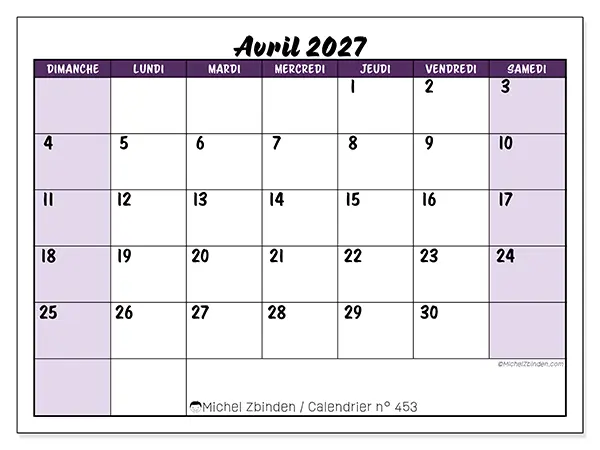 Calendrier avril 2027 à imprimer - Efficacité colorée - Semaine du dimanche au samedi