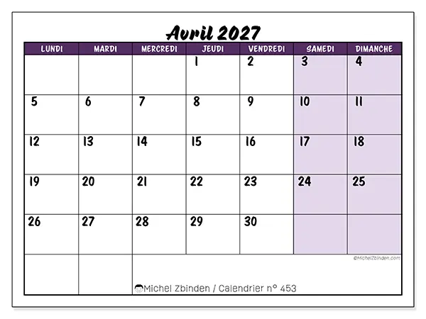 Calendrier avril 2027 à imprimer - Efficacité colorée