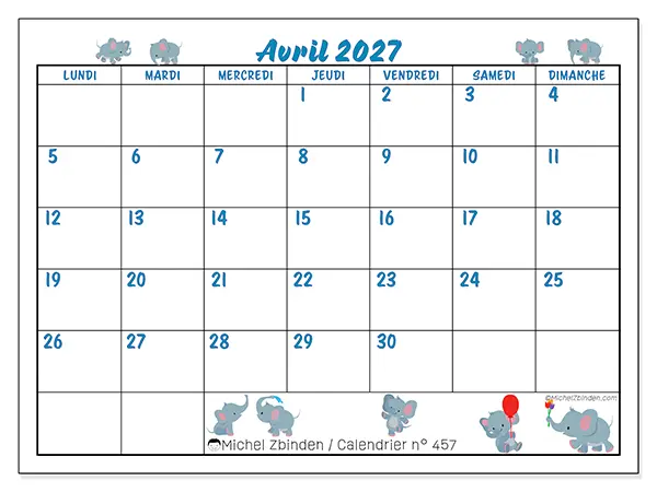 Calendrier avril 2027 à imprimer - Petits éléphants