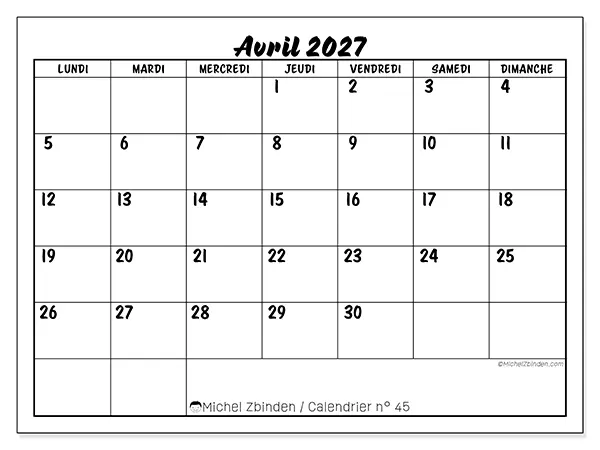 Calendrier avril 2027 à imprimer - Réussite scolaire