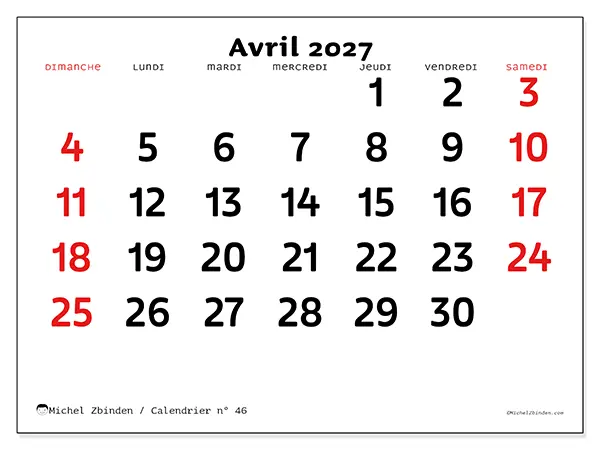 Calendrier avril 2027 à imprimer - Vision claire - Semaine du dimanche au samedi