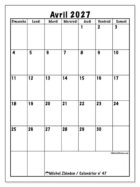 Calendrier avril 2027 à imprimer - Planning efficace - Semaine du dimanche au samedi