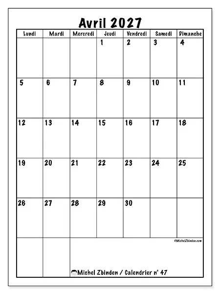 Calendrier avril 2027 à imprimer - Planning efficace
