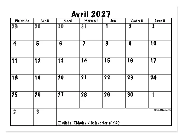 Calendrier avril 2027 à imprimer - Planification complète - Semaine du dimanche au samedi